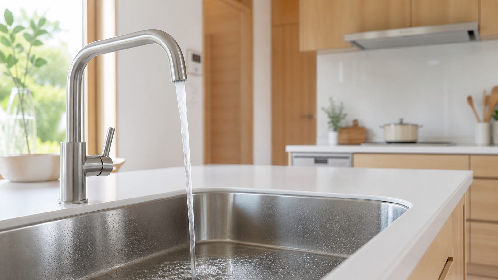キッチンの蛇口から水が流れている様子